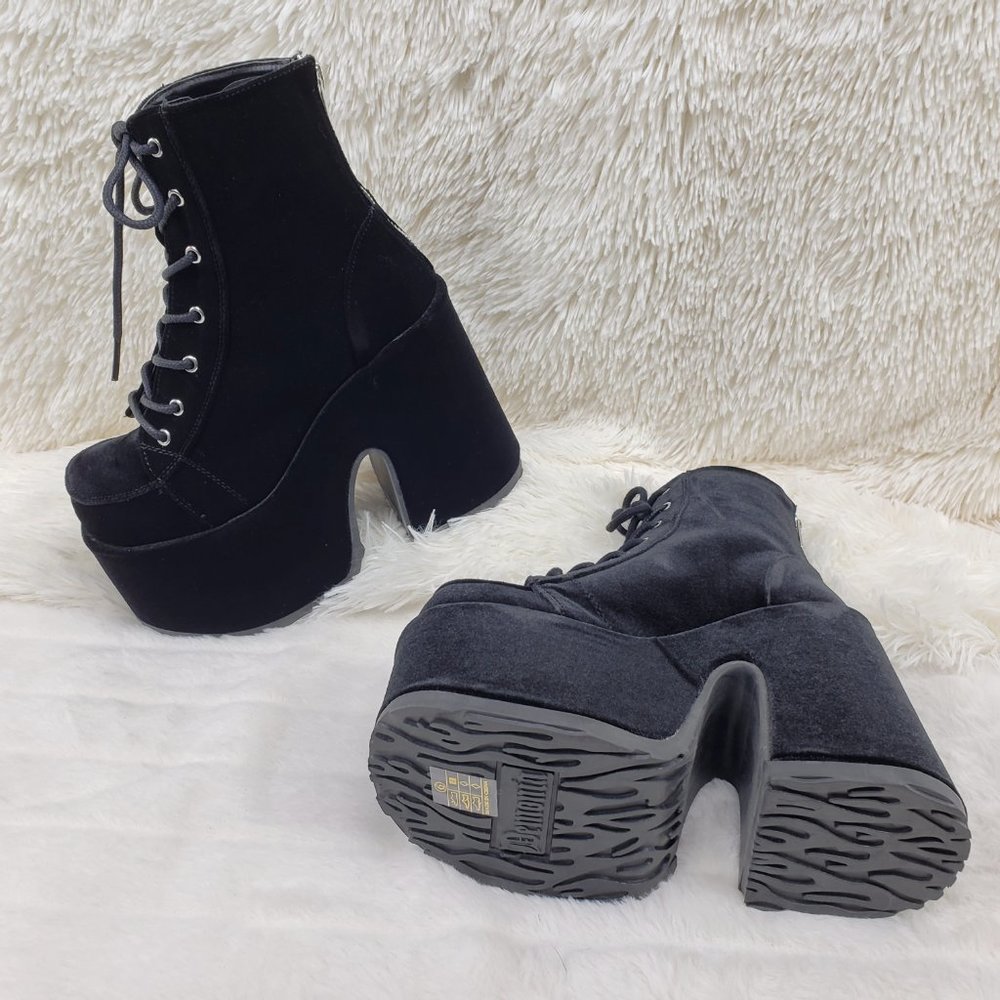 Black Velvet Platform Goth Punk Ankle Boots - Picture 7 of 15
